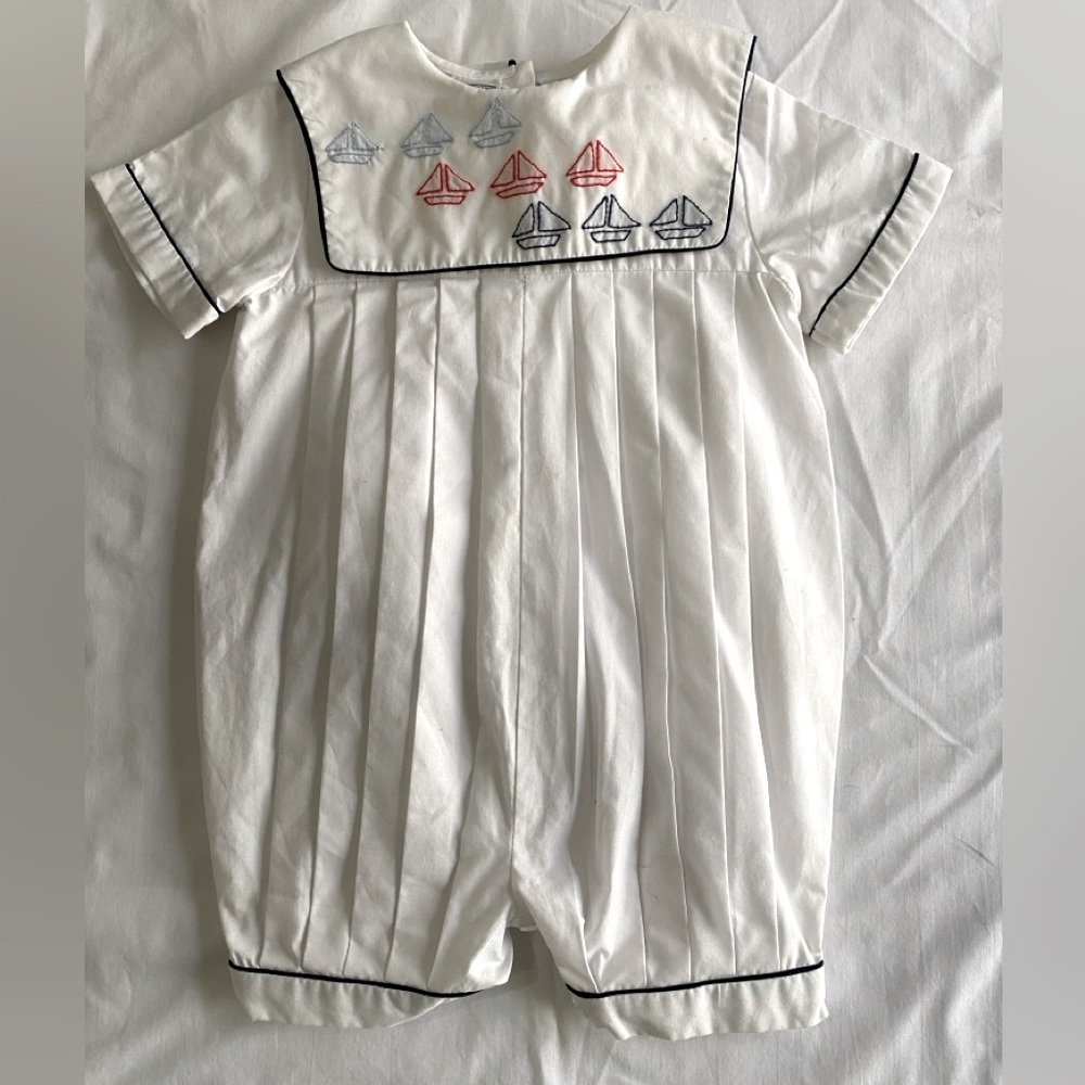 Sarah Louise England White Embroider Sailboat Nautical Short Bubble Romper SZ 6M